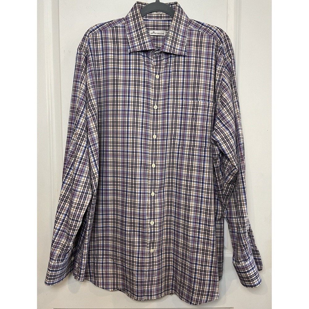 Peter Millar Dress Shirt Mens XL Multicolor Plaid Button Up Long Sleeve Collared